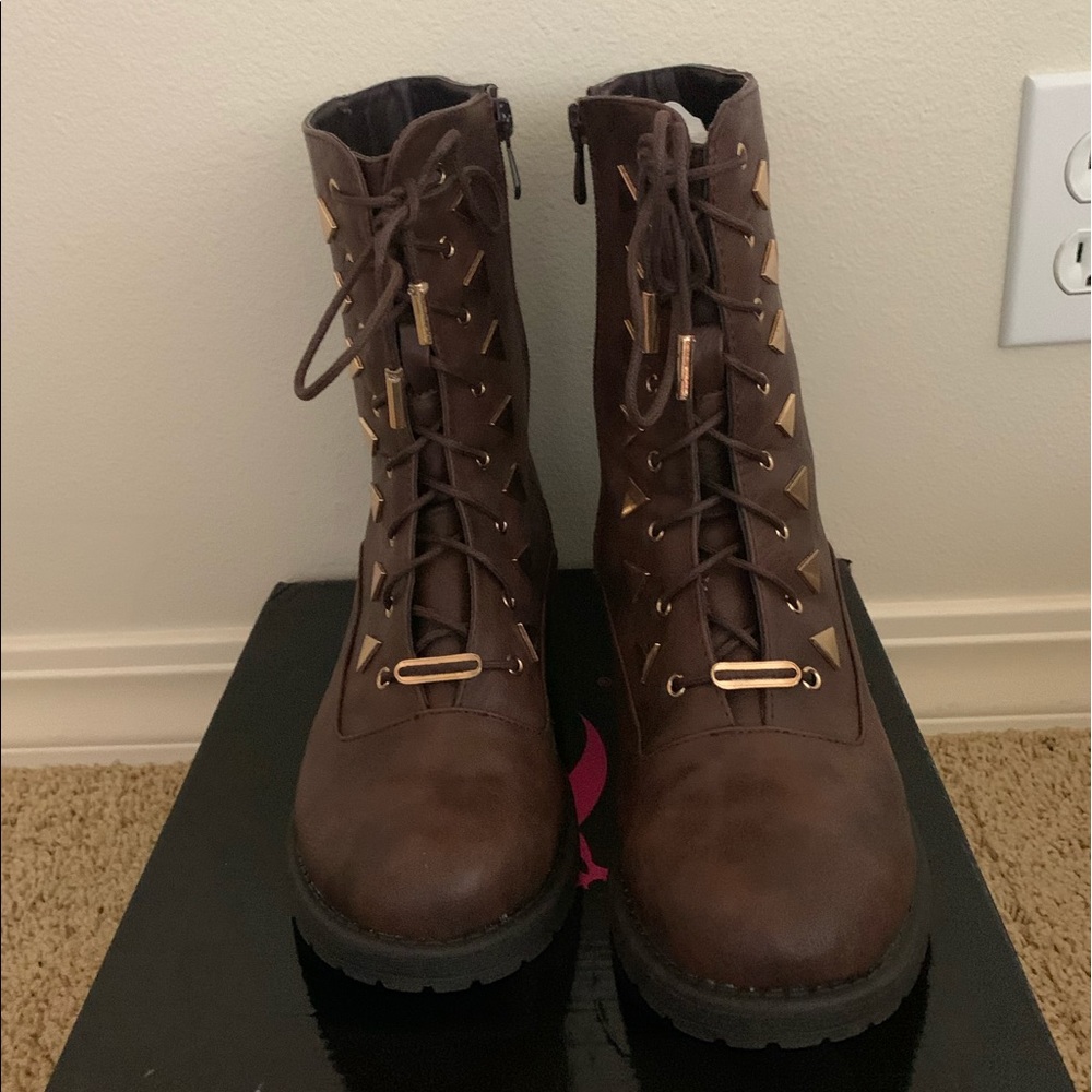Brown studded combat boots